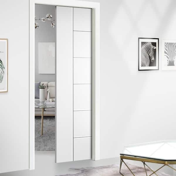 36 in. x 80 in. White Painted Composite MDF Paneled Interior Sliding Door with Pocket Door Frame and Hardware Kit