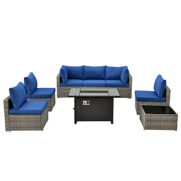 Sanibel Gray 8-Piece Wicker Patio Conversation Sofa Sectional Set with a Metal Fire Pit and Navy Blue Cushions