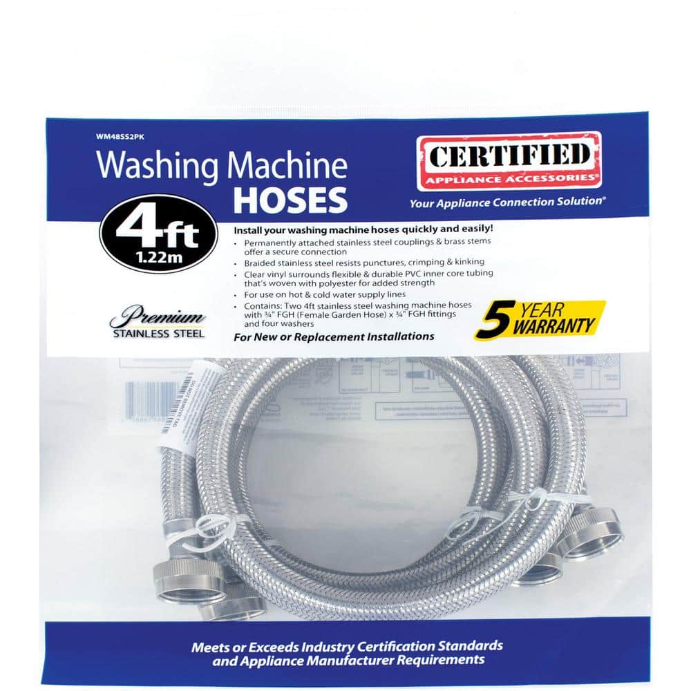 Certified 4ft Braided Stainless Steel Washing Machine Hoses, 2-Pack