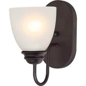 Mari 1-Light Antique Bronze Indoor Vanity Wall Sconce with White Frosted Glass Bell Shade