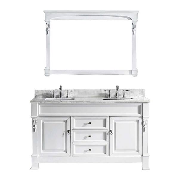 Virtu USA Huntshire 61 in. W Bath Vanity in White with Marble Vanity Top in White with Square Basin and Mirror