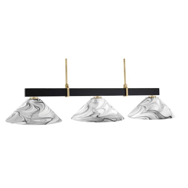 Balmore 3-Light Matte Black and New Age Brass Billiard Light with 16 in. Onyx Swirl Glass Shades