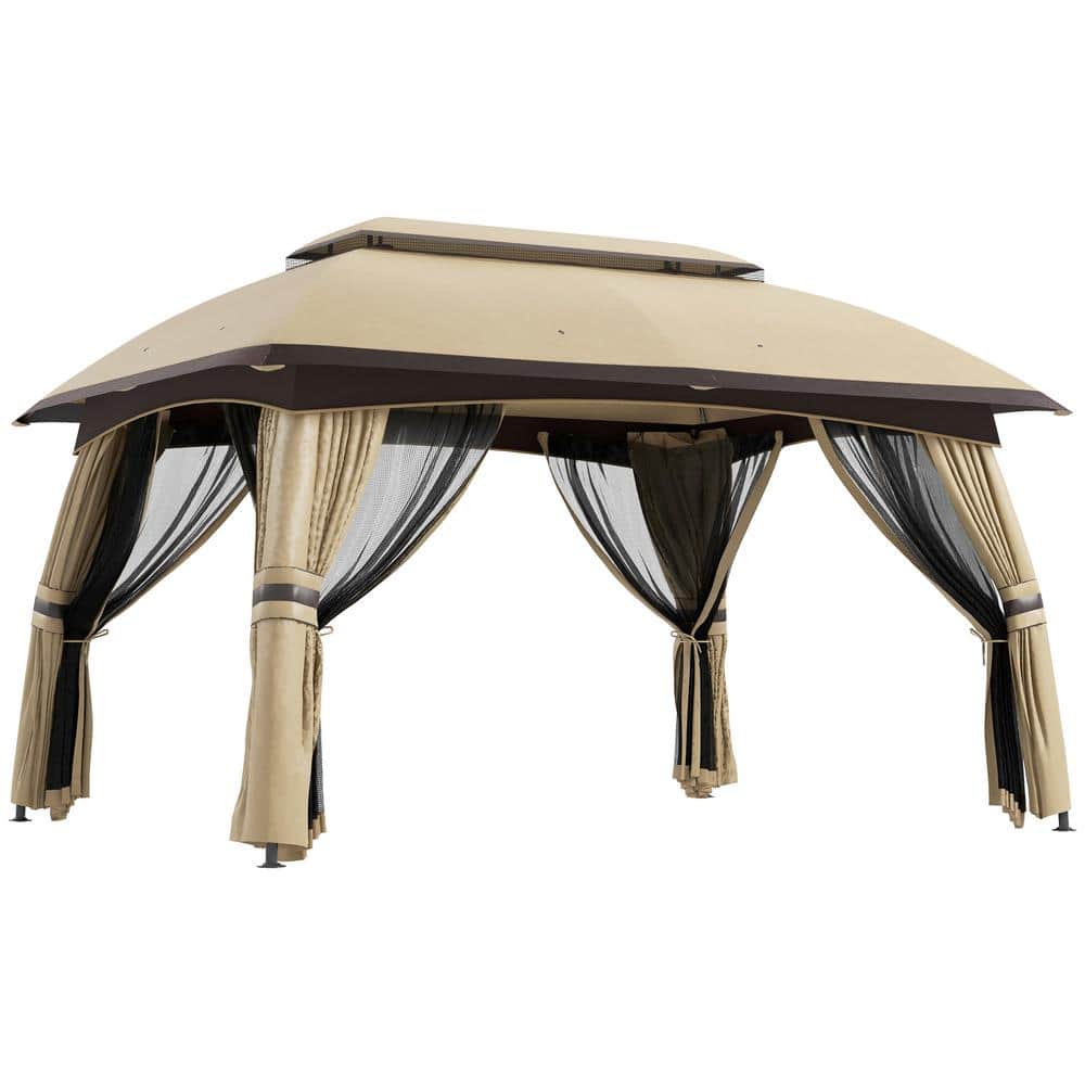 10 ft. x 13 ft. Beige Metal Patio Gazebo Canopy Shelter with Netting and Ve
