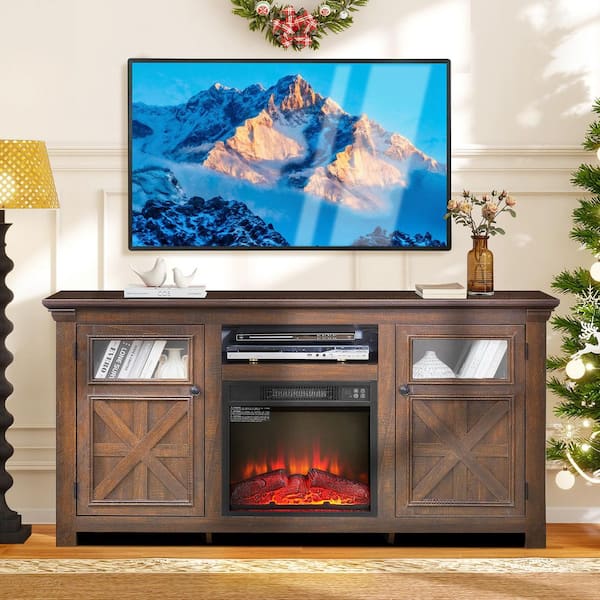 60.23 in. Freestanding TV Stand with 18 in. Fireplace Insert, Espresso Farmhouse Barn Design 2 Doors Adjustable Shelves