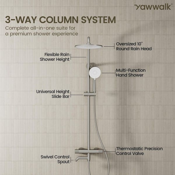 YAWWALK 10 in. Round 3-Spray Wall Bar Shower Kit with Fixed Head