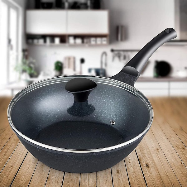Cook N Home Marble Nonstick Cookware Saute, 11 Wok Stir Fry Pan with Lid, Black