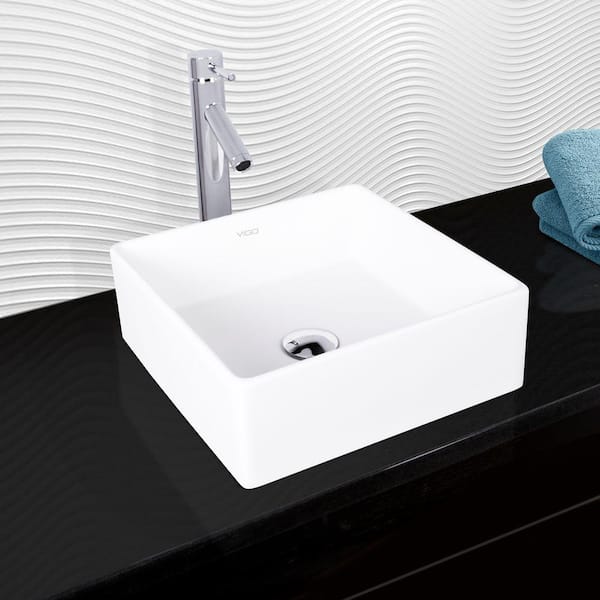 VIGO Matte Stone Dianthus Composite Square Vessel Bathroom Sink in White with Dior Faucet and Pop-Up Drain in Chrome