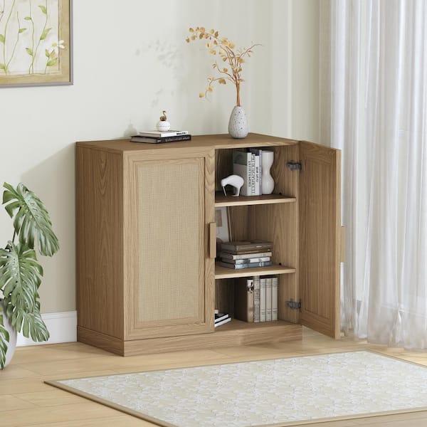 Rattan Wood Natural 31 in. H Storage Cabinet Sideboard with Adjustable Shelves