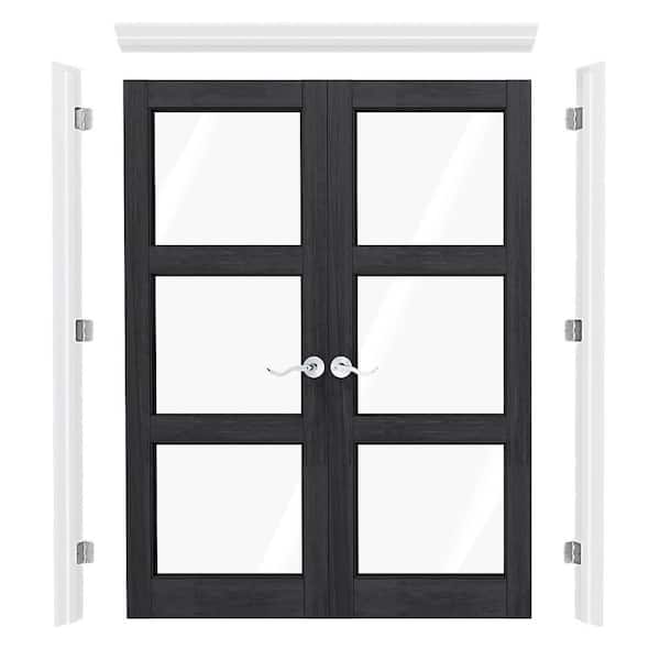 60 in. x 80 in. 3 Lite Clear Glass Universal Black PVC Covering Double Prehung French Door w/ Quick Assemble Jamb Handle