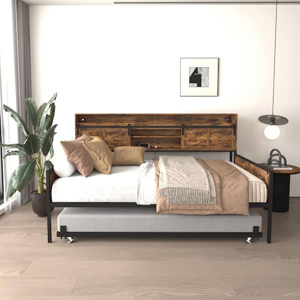 Rustic Brown Metal Twin Size Daybed Frame with Sliding Barn Door Headboard and Charging Station and LED Lights