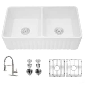 Ceramic 33 in. Double Bowl Farmhouse Apron Workstation Kitchen Sink with Grid and Strainer With Faucet in White