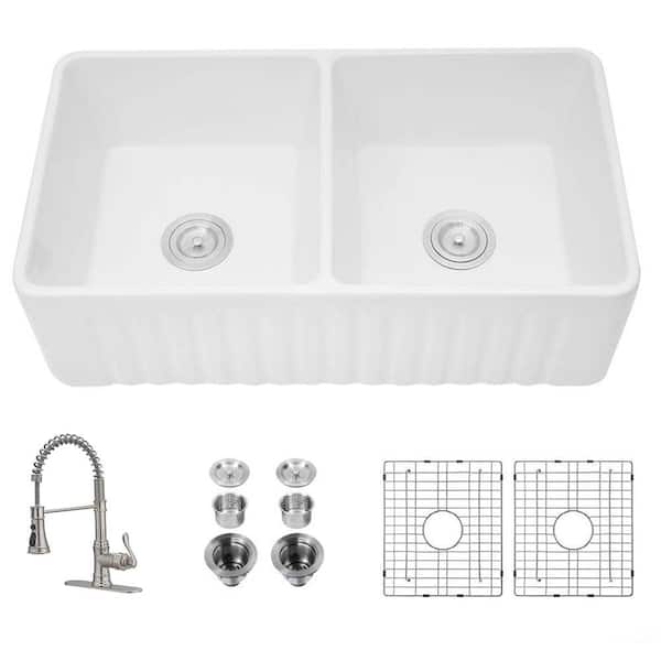 HOMEMYSTIQUE Ceramic 33 in. Double Bowl Farmhouse Apron Workstation Kitchen Sink with Grid and Strainer With Faucet in White