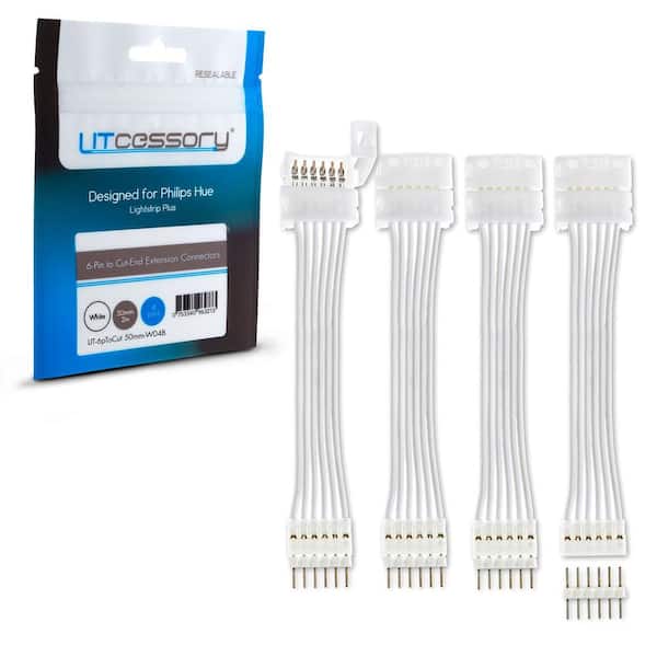 LITCESSORY 6-Pin To Cut-End Extension Connector for Philips Hue Lightstrip Plus (2 in. 4-Pack, White - Standard 6-Pin V3)