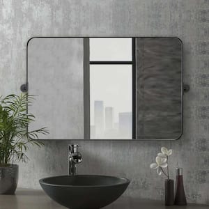 18.1 in. W x 27.6 in. H Rectangular Framed Simple Wall Bathroom Vanity Mirror in Brown