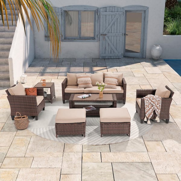 JOYESERY 7-Piece Brown Wicker Outdoor Conversation Seating Sofa Set with Coffee Table, Sand Cushions