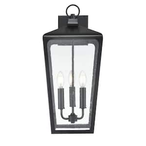 Brooks 3-Light 10.25 in. Wide Powder Coated Black Outdoor Wall Lantern with Clear Seeded Glass