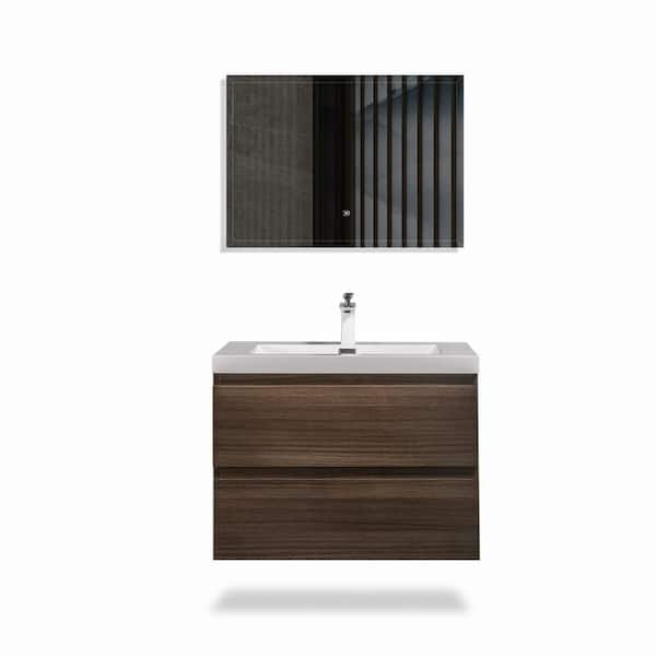 Maincraft Wall-Mounted 24 in. W x 19 in. D x 20 in. H. Bath Vanity in Grey Oak with White Solid Surface Top with White Basin