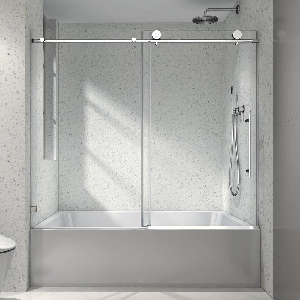 60 in. W x 63 in. H Single Sliding Frameless Stainless Steel Tub Door in Br
