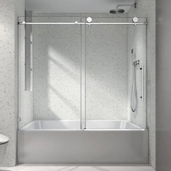 60 in. W x 63 in. H Single Sliding Frameless Stainless Steel Tub Door in Brushed Nickel with 5/16 in. Clear Glass