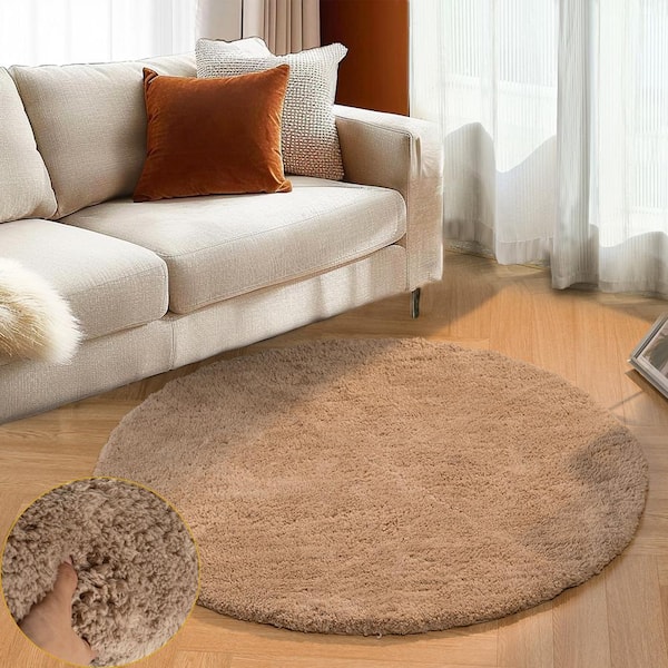 GHDG Solid Shag Brown 3 ft. Furry Plush Round Rug Area Rug