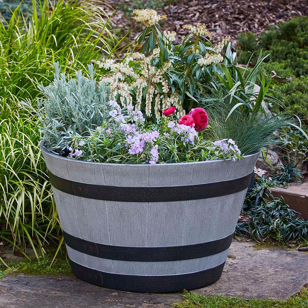 Birchwood Finish Resin Whiskey Barrel Planter, 22.5 inch