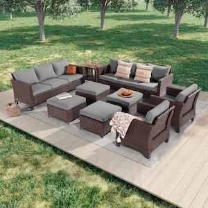 9-Piece Brown Wicker Outdoor Seating Sofa Set with Coffee Table, Gray Cushions
