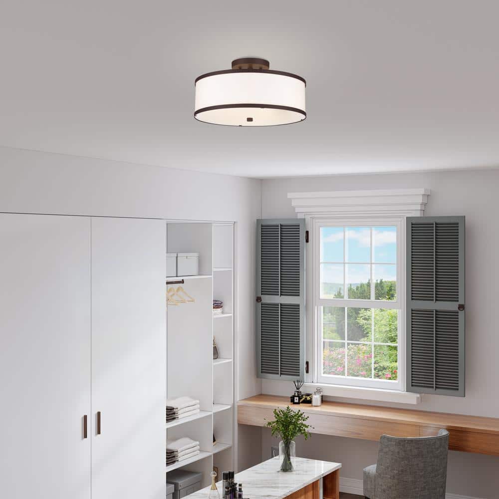 Bronze Drum 3-Light Semi-Flush Mount with Off-White Fabric Shade