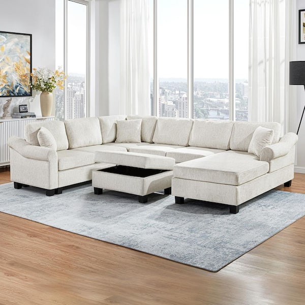 111.8 in. Chenille Upholstered U-Shaped Sectional Sofa in. White with Movable Storage Ottoman, 3 Pillows