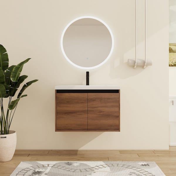 29.53 in. W x 18.11 in. D x 20.47 in. H Wall-Mounted Bath Vanity in Brown with White Resin Vanity Top