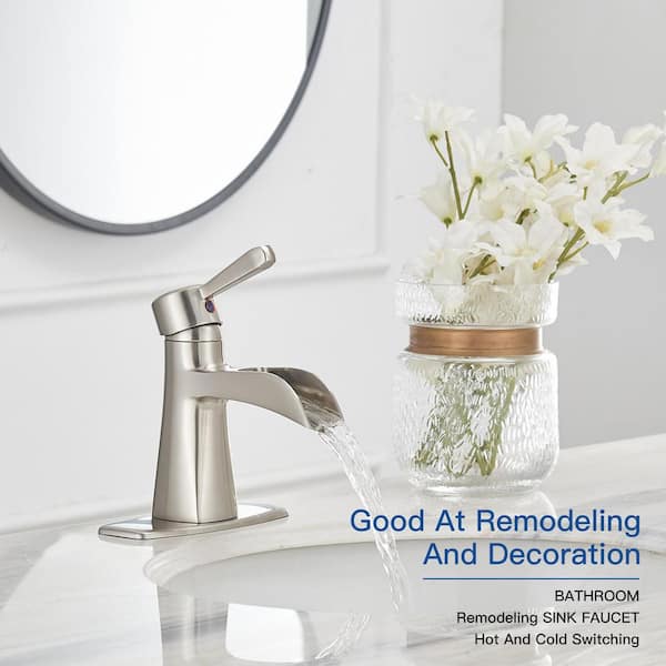 Waterfall Single Hole Single-Handle Low-Arc Bathroom Sink Faucet With Pop-up Drain Assembly In Brushed Nickel