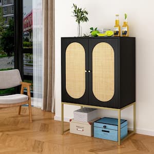 Espresso Finish Rattan Decor MDF Home Office 2-Door Large Accent Storage Cabinet with Adjustable Shelf and Metal Frame