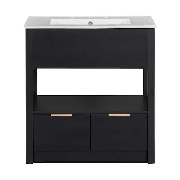 Qualler 30 in. W x 18 in. D x 32.5 in. H Single Sink Free stand Bath Vanity in Black with White Ceramic Top