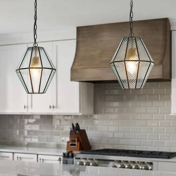 ALOA DECOR 12 in. 1-Light Modern Industrial Geometric Small Lantern Pendant Light Ribbed Glass in Matte Black for Kitchen Island