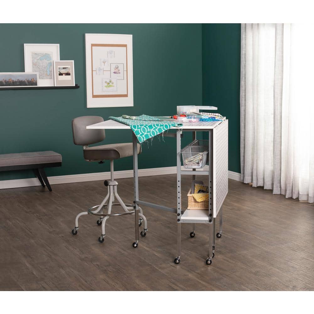 Adjustable Silver and White Folding Cutting Table with Grid Top