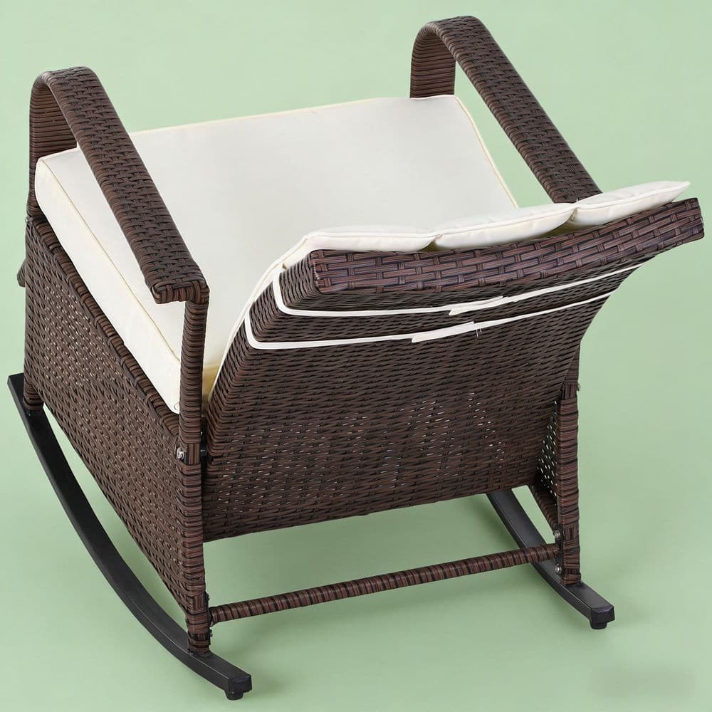 Close-up of the backrest and cushion of the brown rattan recliner chair.