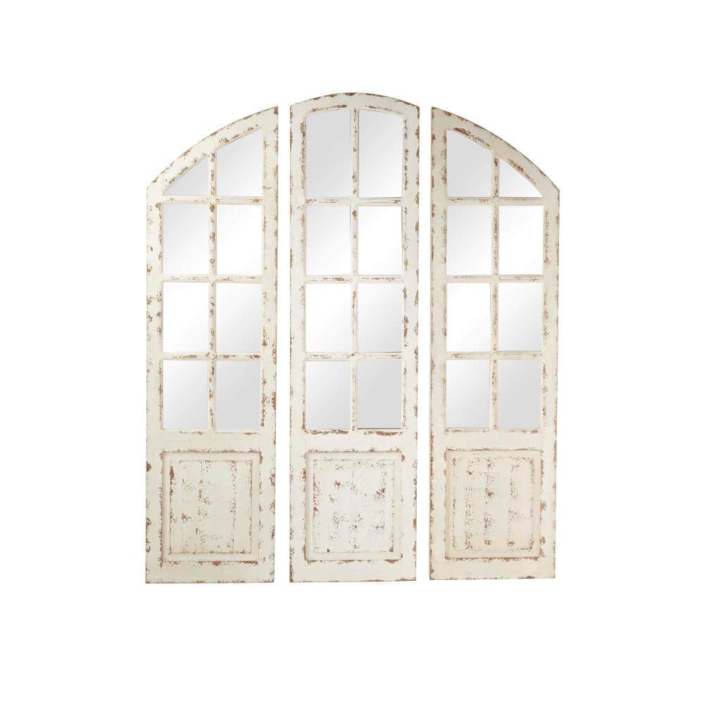 White Distressed Wood Windowpane Arched Decorative Mirror Set