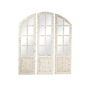 60 in. x 16 in. Window Pane Inspired Arched Framed White Wall Mirror with Arched Top and Distressing (Set of 3)