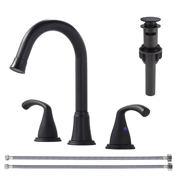 IVIGA 3 Hole 8 in. Widespread Double Handle Bathroom Faucet with Drain Kit Included in Matte Black
