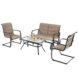 Brown 4-Piece Metal Outdoor Patio Conversation Set with Padded Glider Loveseat and Coffee Table