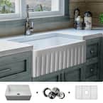 Luxury 30 inch Fireclay Modern Farmhouse Kitchen Sink in White, Single Bowl with Fluted Front, Includes Drain