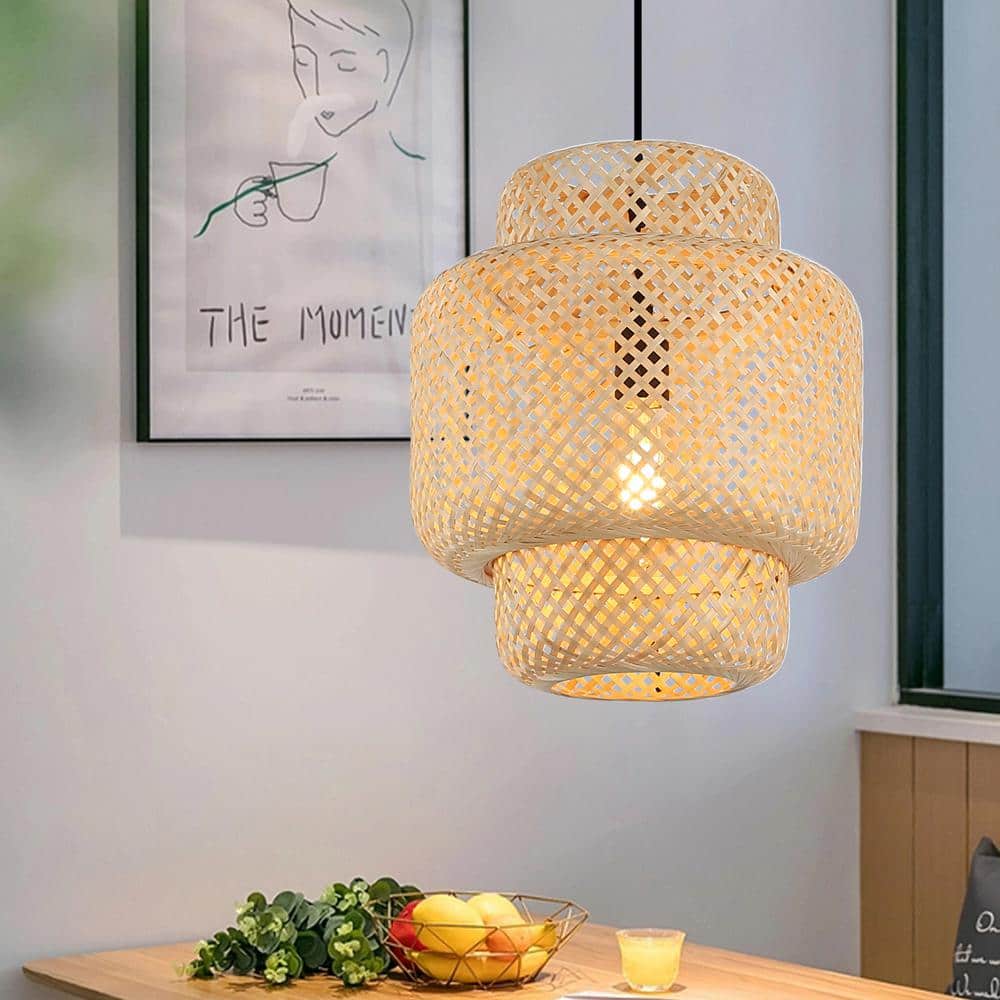SUNLLOK Rustic 60-Watt 1-Light Plug in Bamboo Shade Pendant Light