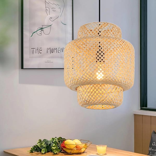 SUNLLOK Rustic 60-Watt 1-Light Plug in Bamboo Shade Pendant Light with Switch for Kitchen Island, No Bulbs Included