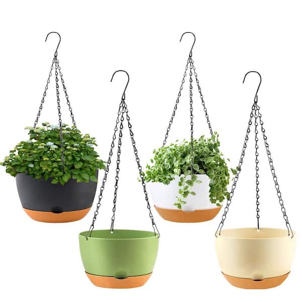 8 in. Multicolor Plastic Hanging Baskets with Drainage Holes and Chain for Garden Porch Plants (4-Pack)