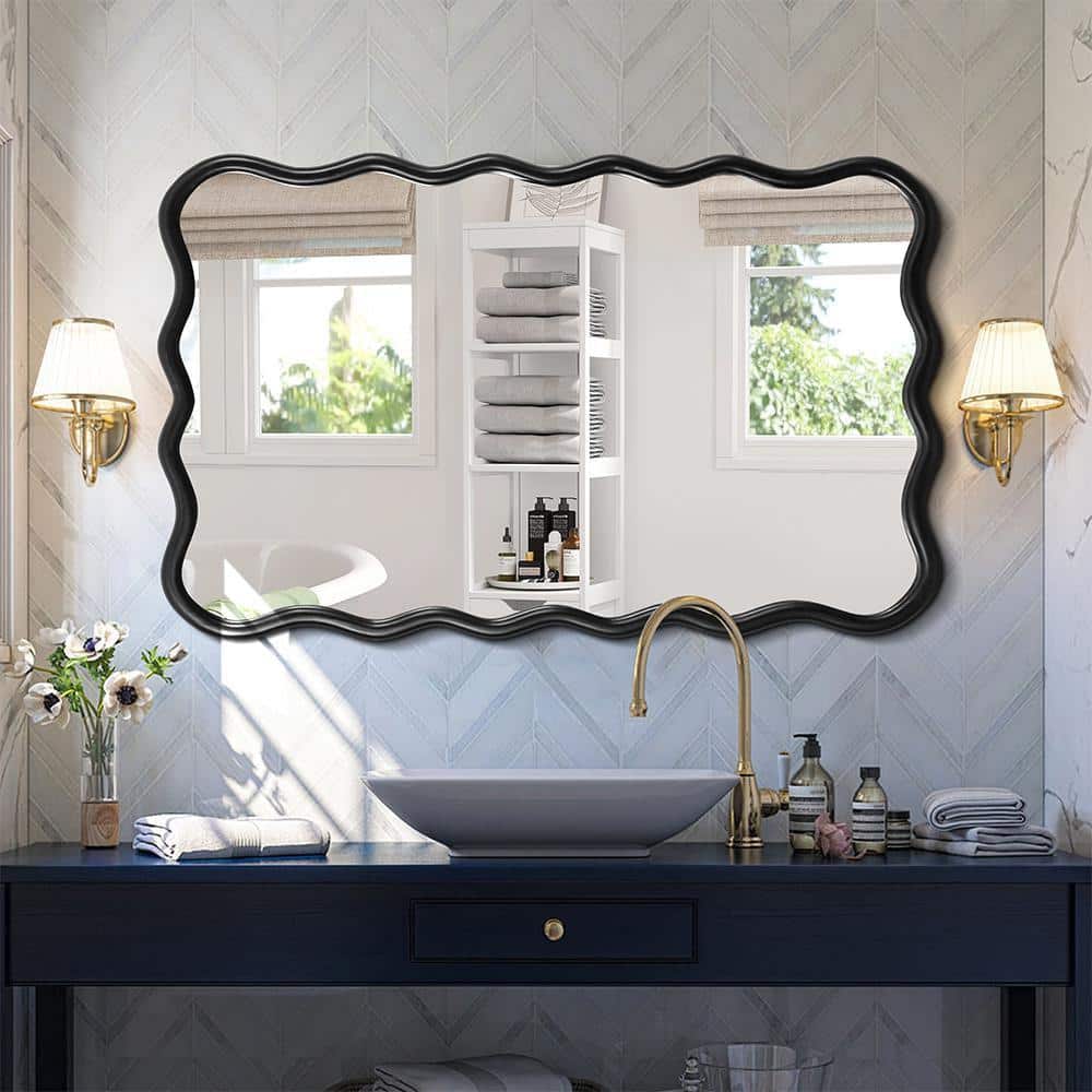 Antique Black 28 in. W x 39.8 in. H Art Deco Rectangle Solid Wood Framed Mirror Vanity Mirror Bathroom Vanity Mirror