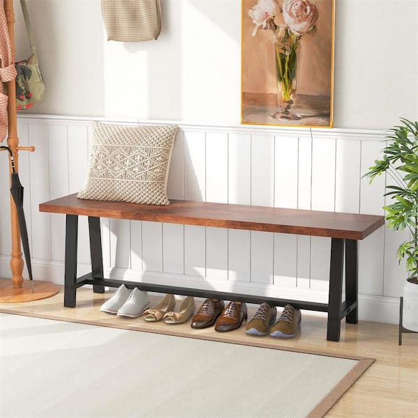 60 in. Dining Table Bench 3-Person Entryway Shoe Bench with Metal Frame for Hallway