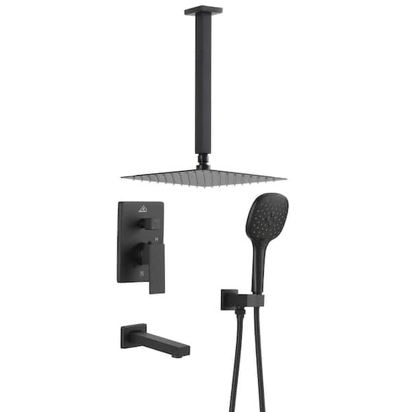 GroGro 2-Handle 3-Spray Square High Pressure Shower Faucet with 10 in. Shower Head in Matte Black (Valve Included)