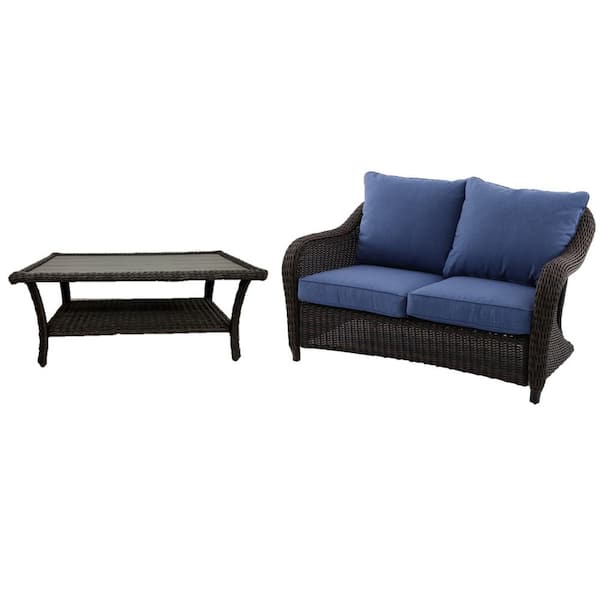 Primrose Wicker Outdoor Loveseat and Coffee Table with CushionGuard Lake Blue Cushions