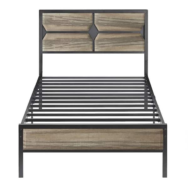 VECELO Bed Frame Gray Metal Frame Twin Platform Bed with Wooden Headboard, Strong Metal Slat Support and Under-Bed Storage