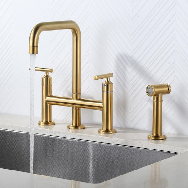 Minimalist Double Handle Bridge Kitchen Faucet with 27.5 in. Side Spray in Gold