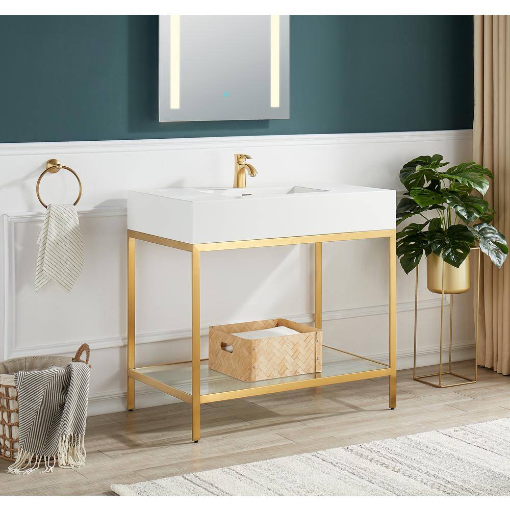 Brushed Gold and White Glass Console Sink with Resin Counter